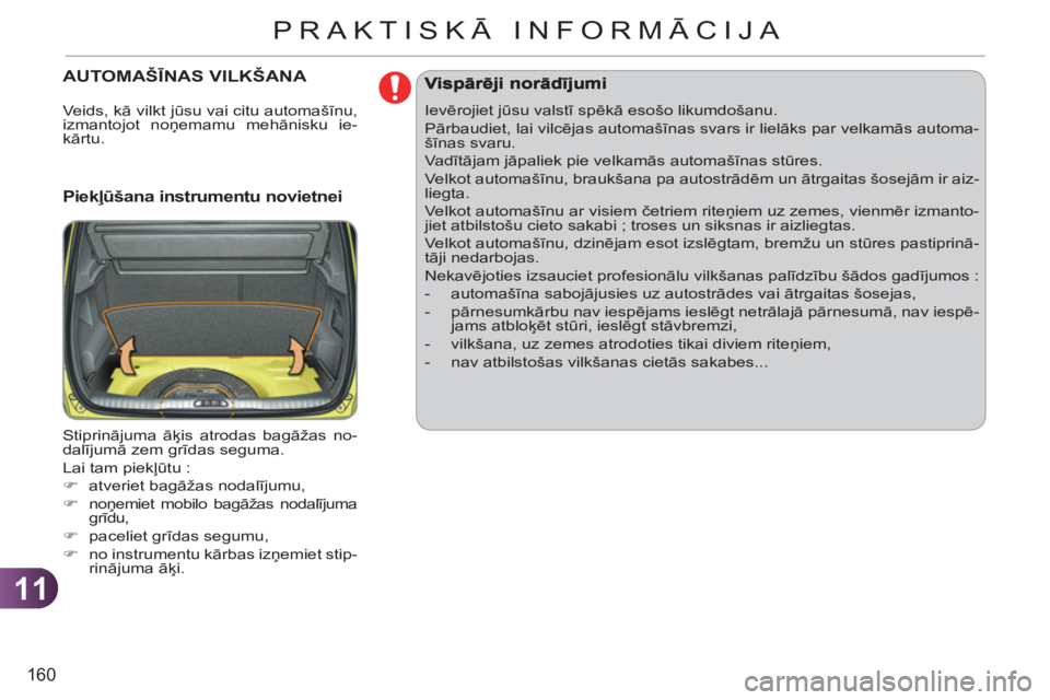 CITROEN C3 PICASSO 2012 Lietošanas Instrukcija (in Latvian) 11
160
PRAKTISKĀ INFORMĀCIJA
AUTOMAŠĪNAS VILKŠANA
Piekļūšana instrumentu novietnei
Stiprinājuma āķis atrodas bagāžas no-
dalījumā zem grīdas seguma.
Lai tam piekļūtu :
CITROEN C3 PICASSO 2012 Lietošanas Instrukcija (in Latvian) 11
160
PRAKTISKĀ INFORMĀCIJA
AUTOMAŠĪNAS VILKŠANA
Piekļūšana instrumentu novietnei
Stiprinājuma āķis atrodas bagāžas no-
dalījumā zem grīdas seguma.
Lai tam piekļūtu :
