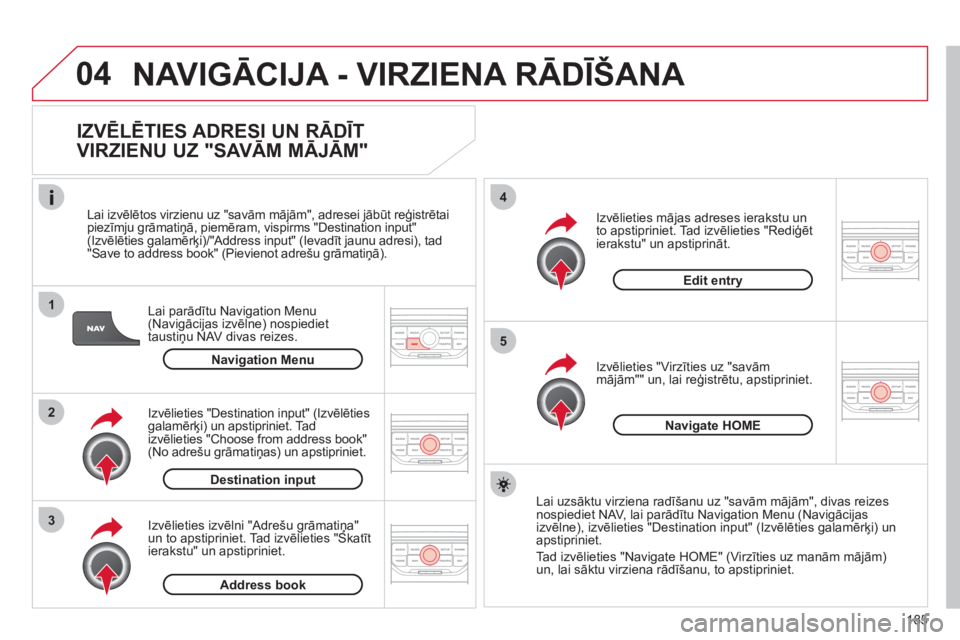 CITROEN C3 PICASSO 2012  Lietošanas Instrukcija (in Latvian) 185
04
1
2
3
5
4
  NAVIGĀCIJA - VIRZIENA RĀDĪŠANA 
 
 
IZVĒLĒTIES ADRESI UN RĀDĪT 
VIRZIENU UZ "SAVĀM MĀJĀM" 
Lai parādītu Navigation Menu(Navigācijas izvēlne) nospiediet
taustiņu NAV 