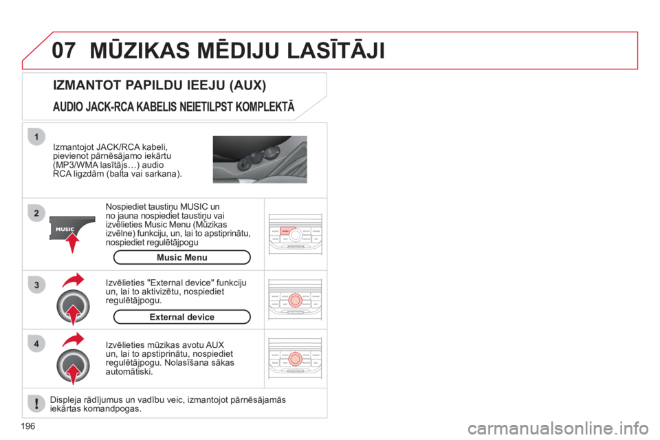 CITROEN C3 PICASSO 2012  Lietošanas Instrukcija (in Latvian) 196
07
43 1
2
  MŪZIKAS MĒDIJU LASĪTĀJI
 
 
Izmantojot JACK/RCA kabeli,pievienot pārnēsājamo iekārtu(MP3/WMA lasītājs…) audio
RCA ligzdām (balta vai sarkana).  
Nospiediet taustiņu MU
SI