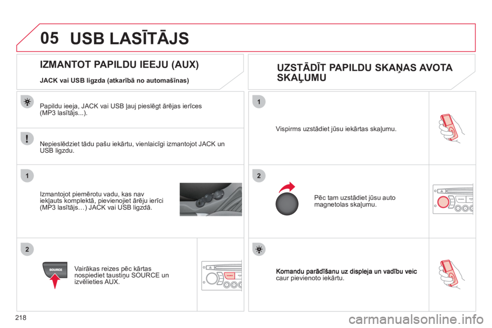 CITROEN C3 PICASSO 2012  Lietošanas Instrukcija (in Latvian) 218
05
1
21
2
SOURCEcaur pievienoto iekārtu.  
Vispirms uzstādiet jūsu iekārtas skaļumu. 
 
Pēc tam uzstādiet jūsu auto magnetolas skaļumu. 
 
 
 
 
 
 
 
 
 
 
 
 
 
 
 
 
 
 
 
IZMANTOT PAP