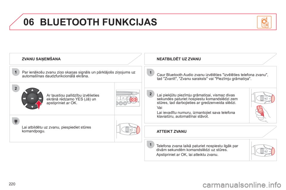 CITROEN C3 PICASSO 2012  Lietošanas Instrukcija (in Latvian) 220
06
2
1
2
1
OK
   
ZVANU SAŅEMŠANA 
 
   
Par ienākošu zvanu ziņo skaņas si
gnāls un pārklājošs ziņojums uz automašīnas daudzfunkcionālā ekrāna.
   
Ar taustiņu palīdzību izvēli