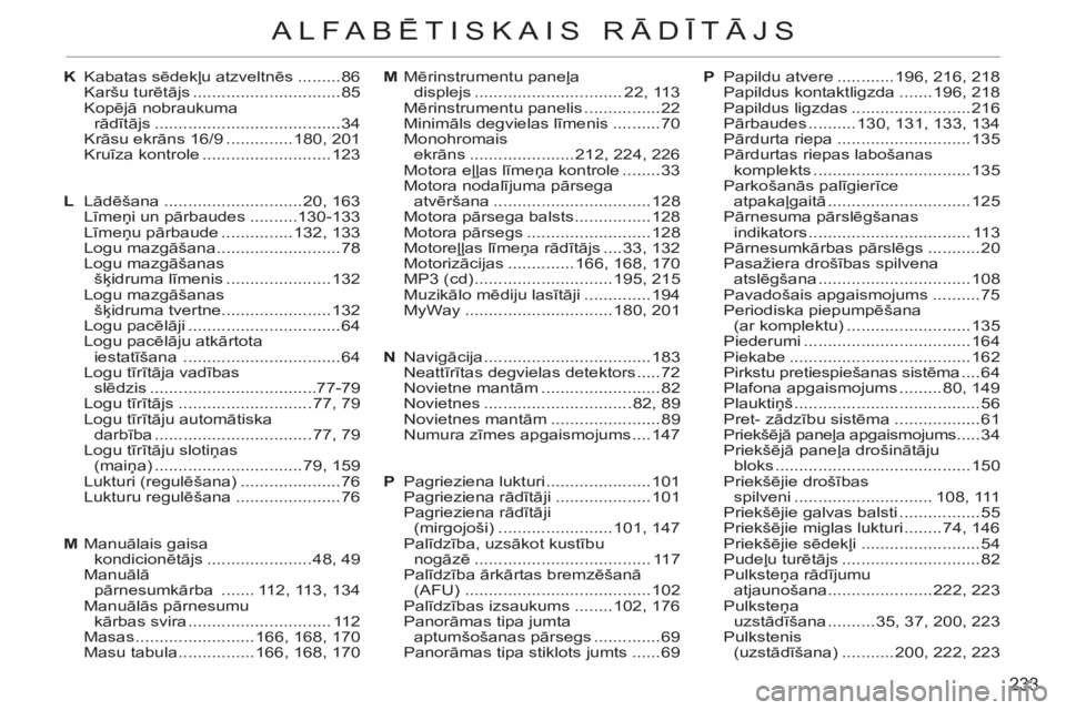 CITROEN C3 PICASSO 2012 Lietošanas Instrukcija (in Latvian) 233
ALFABĒTISKAIS RĀDĪTĀJS
M Mērinstrumentu paneļa
displejs ............................... 22, 113
Mērinstrumentu panelis ................22
Minimāls degvielas līmenis ..........70
Mono CITROEN C3 PICASSO 2012 Lietošanas Instrukcija (in Latvian) 233
ALFABĒTISKAIS RĀDĪTĀJS
M Mērinstrumentu paneļa
displejs ............................... 22, 113
Mērinstrumentu panelis ................22
Minimāls degvielas līmenis ..........70
Mono