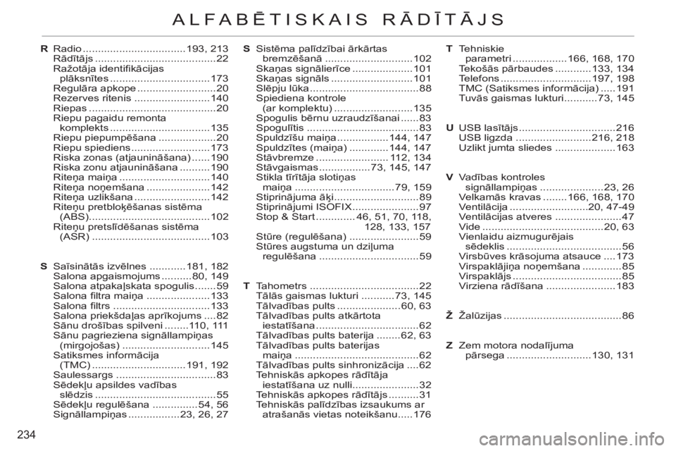 CITROEN C3 PICASSO 2012  Lietošanas Instrukcija (in Latvian) 234
ALFABĒTISKAIS RĀDĪTĀJS
R Radio ..................................193, 213
 Rādītājs ........................................22
 Ražotāja identiﬁ kācijas 
plāksnītes .................