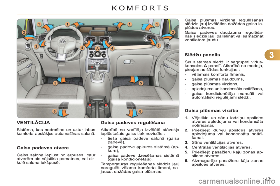CITROEN C3 PICASSO 2012  Lietošanas Instrukcija (in Latvian) 3
47
KOMFORTS
VENTILĀCIJA 
 
Sistēma, kas nodrošina un uztur labus 
komforta apstākļus automašīnas salonā. 
Gaisa padeves regulēšana
 
Atkarībā no vadītāja izvēlētā stāvokļa 
ieplū