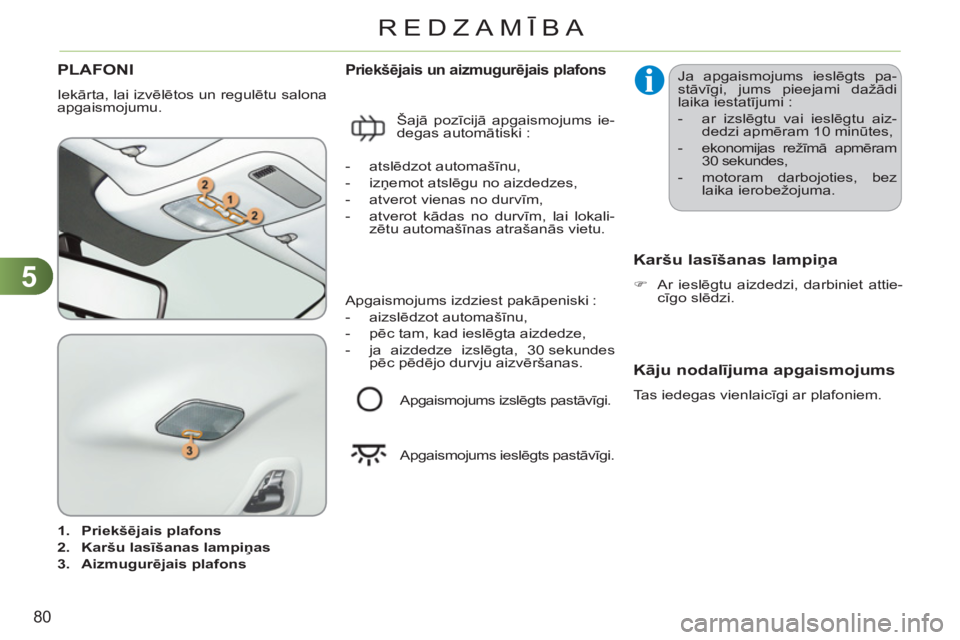 CITROEN C3 PICASSO 2012  Lietošanas Instrukcija (in Latvian) 5
80
REDZAMĪBA
PLAFONI
  Iekārta, lai izvēlētos un regulētu salona 
apgaismojumu. 
   
 
1. 
  Priekšējais plafons 
 
   
2. 
  Karšu lasīšanas lampiņas 
 
   
3. 
  Aizmugurējais plafons 