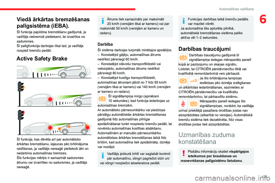 CITROEN C4 2021 Lietošanas Instrukcija (in Latvian) 125
Automašīnas vadīšana
6Viedā ārkārtas bremzēšanas
palīgsistēma (iEBA).
Šī funkcija papildina bremzēšanu gadījumā, ja
vadītājs nebremzē pietiekami, lai izvairītos no
sadursme CITROEN C4 2021 Lietošanas Instrukcija (in Latvian) 125
Automašīnas vadīšana
6Viedā ārkārtas bremzēšanas
palīgsistēma (iEBA).
Šī funkcija papildina bremzēšanu gadījumā, ja
vadītājs nebremzē pietiekami, lai izvairītos no
sadursme