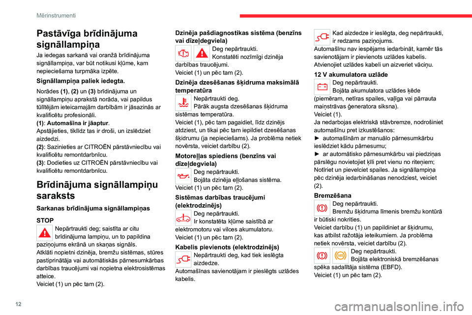 CITROEN C4 2021 Lietošanas Instrukcija (in Latvian) 12
Mērinstrumenti
Pastāvīga brīdinājuma
signāllampiņa
Ja iedegas sarkanā vai oranžā brīdinājuma
signāllampiņa, var būt notikusi kļūme, kam
nepieciešama turpmāka izpēte.
Signāll CITROEN C4 2021 Lietošanas Instrukcija (in Latvian) 12
Mērinstrumenti
Pastāvīga brīdinājuma
signāllampiņa
Ja iedegas sarkanā vai oranžā brīdinājuma
signāllampiņa, var būt notikusi kļūme, kam
nepieciešama turpmāka izpēte.
Signāll