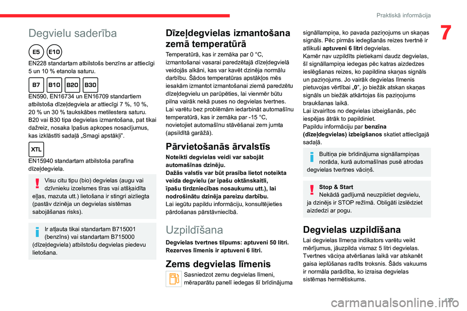 CITROEN C4 2021  Lietošanas Instrukcija (in Latvian)  
 
137
Praktiskā informācija
7Degvielu saderība  
EN228 standartam atbilstošs benzīns ar attiecīgi 
5 un 10  % etanola saturu.
  
EN590, EN16734 un EN16709 standartiem 
atbilstoša dīzeļdegvi