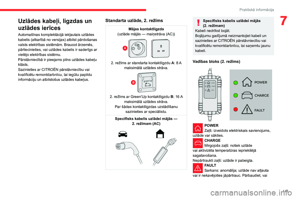 CITROEN C4 2021 Lietošanas Instrukcija (in Latvian) 141
Praktiskā informācija
7Uzlādes kabeļi, ligzdas un
uzlādes ierīces
Automašīnas komplektācijā iekļautais uzlādes
kabelis (atkarībā no versijas) atbilst pārdošanas
valsts elektrīb CITROEN C4 2021 Lietošanas Instrukcija (in Latvian) 141
Praktiskā informācija
7Uzlādes kabeļi, ligzdas un
uzlādes ierīces
Automašīnas komplektācijā iekļautais uzlādes
kabelis (atkarībā no versijas) atbilst pārdošanas
valsts elektrīb