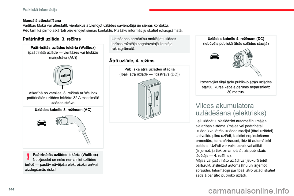 CITROEN C4 2021 Lietošanas Instrukcija (in Latvian) 144
Praktiskā informācija
Manuālā atiestatīšana
Vadības bloku var atiestatīt, vienlaikus atvienojot uzlādes savienotāju un sienas kontaktu.
Pēc tam kā pirmo atkārtoti pievienojiet sienas CITROEN C4 2021 Lietošanas Instrukcija (in Latvian) 144
Praktiskā informācija
Manuālā atiestatīšana
Vadības bloku var atiestatīt, vienlaikus atvienojot uzlādes savienotāju un sienas kontaktu.
Pēc tam kā pirmo atkārtoti pievienojiet sienas