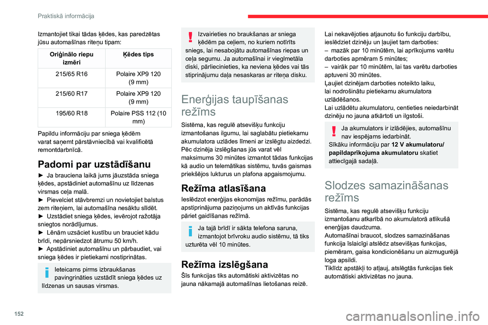 CITROEN C4 2021 Lietošanas Instrukcija (in Latvian) 152
Praktiskā informācija
Izmantojiet tikai tādas ķēdes, kas paredzētas
jūsu automašīnas riteņu tipam:
Oriģinālo riepu izmēri Ķēdes tips
215/65 R16 Polaire XP9 120 (9
mm)
215/60 R17 CITROEN C4 2021 Lietošanas Instrukcija (in Latvian) 152
Praktiskā informācija
Izmantojiet tikai tādas ķēdes, kas paredzētas
jūsu automašīnas riteņu tipam:
Oriģinālo riepu izmēri Ķēdes tips
215/65 R16 Polaire XP9 120 (9
mm)
215/60 R17