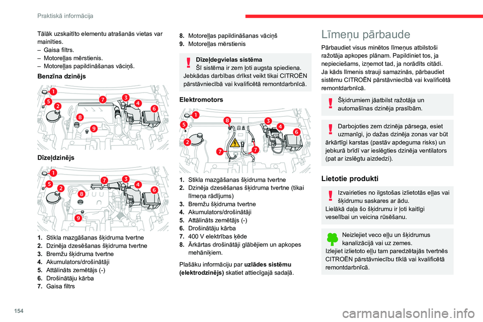 CITROEN C4 2021 Lietošanas Instrukcija (in Latvian) 154
Praktiskā informācija
Tālāk uzskaitīto elementu atrašanās vietas var
mainīties.
–
Gaisa filtrs.
–
Motoreļļas mērstienis.
–
Motoreļļas papildināšanas vāciņš.
Benzīn CITROEN C4 2021 Lietošanas Instrukcija (in Latvian) 154
Praktiskā informācija
Tālāk uzskaitīto elementu atrašanās vietas var
mainīties.
–
Gaisa filtrs.
–
Motoreļļas mērstienis.
–
Motoreļļas papildināšanas vāciņš.
Benzīn