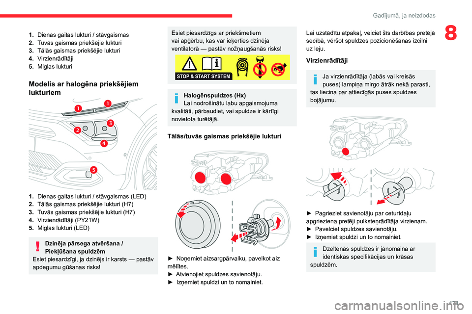 CITROEN C4 2021  Lietošanas Instrukcija (in Latvian) 171
Gadījumā, ja neizdodas
81.Dienas gaitas lukturi   / stāvgaismas
2. Tuvās gaismas priekšējie lukturi
3. Tālās gaismas priekšējie lukturi
4. Virzienrādītāji
5. Miglas lukturi
Modelis ar