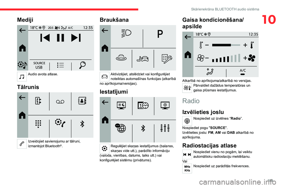 CITROEN C4 2021 Lietošanas Instrukcija (in Latvian) 189
Skārienekrāna BLUETOOTH audio sistēma
10Mediji
Audio avota atlase.
Tālrunis
Izveidojiet savienojumu ar tālruni,
izmantojot Bluetooth®.
Braukšana
Aktivizējiet, atslēdziet vai ko CITROEN C4 2021 Lietošanas Instrukcija (in Latvian) 189
Skārienekrāna BLUETOOTH audio sistēma
10Mediji
Audio avota atlase.
Tālrunis
Izveidojiet savienojumu ar tālruni,
izmantojot Bluetooth®.
Braukšana
Aktivizējiet, atslēdziet vai ko