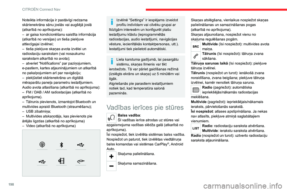 CITROEN C4 2021 Lietošanas Instrukcija (in Latvian) 198
CITROËN Connect Nav
Izvēlnes
Savienotā navigācija
Ievadiet navigācijas iestatījumus un
izvēlieties galamērķi.
Izmantojiet reāllaika pakalpojumus atkarībā no
aprīkojuma.
Lietotnes CITROEN C4 2021 Lietošanas Instrukcija (in Latvian) 198
CITROËN Connect Nav
Izvēlnes
Savienotā navigācija
Ievadiet navigācijas iestatījumus un
izvēlieties galamērķi.
Izmantojiet reāllaika pakalpojumus atkarībā no
aprīkojuma.
Lietotnes