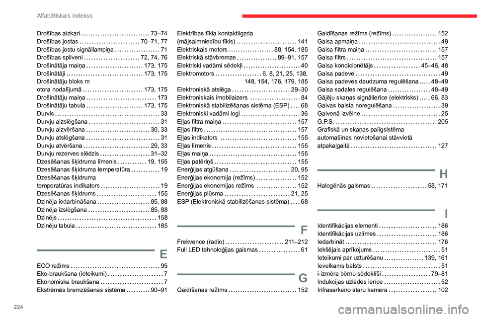 CITROEN C4 2021 Lietošanas Instrukcija (in Latvian) 224
Alfabētiskais indekss
Drošības aizkari 73–74
Drošības jostas
70–71, 77
Drošības jostu signāllampiņa
71
Drošības spilveni
72, 74, 76
Drošinātāja maiņa
173 CITROEN C4 2021 Lietošanas Instrukcija (in Latvian) 224
Alfabētiskais indekss
Drošības aizkari 73–74
Drošības jostas
70–71, 77
Drošības jostu signāllampiņa
71
Drošības spilveni
72, 74, 76
Drošinātāja maiņa
173