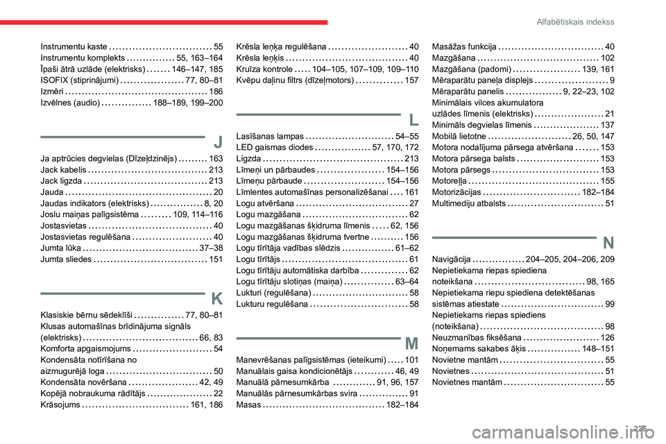 CITROEN C4 2021 Lietošanas Instrukcija (in Latvian) 225
Alfabētiskais indekss
Instrumentu kaste 55
Instrumentu komplekts
55, 163–164
Īpaši ātrā uzlāde (elektrisks)
146–147, 185
ISOFIX (stiprinājumi)
77, 80–81
Izmēri
1 CITROEN C4 2021 Lietošanas Instrukcija (in Latvian) 225
Alfabētiskais indekss
Instrumentu kaste 55
Instrumentu komplekts
55, 163–164
Īpaši ātrā uzlāde (elektrisks)
146–147, 185
ISOFIX (stiprinājumi)
77, 80–81
Izmēri
1