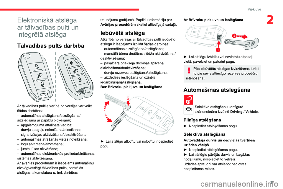 CITROEN C4 2021  Lietošanas Instrukcija (in Latvian) 27
Piekļuve 
2Elektroniskā atslēga 
ar tālvadības pulti un 
integrētā atslēga
Tālvadības pults darbība 
 
Ar tālvadības pulti atkarībā no versijas var veikt 
šādas darbības:
– 
aut
