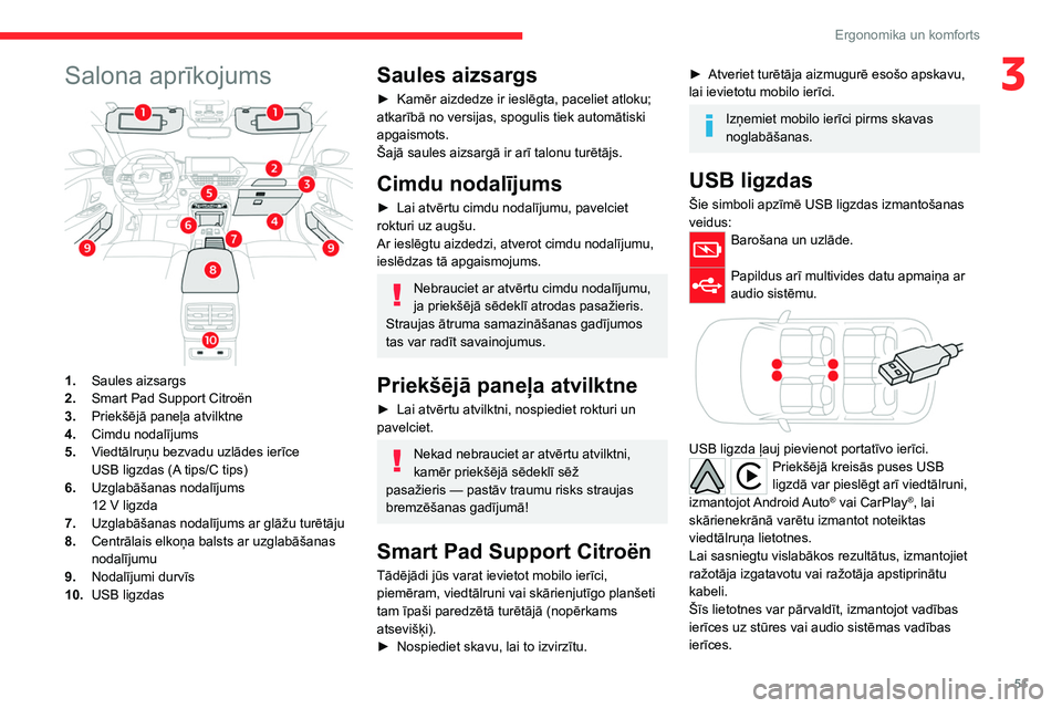 CITROEN C4 2021 Lietošanas Instrukcija (in Latvian) 51
Ergonomika un komforts
3Salona aprīkojums
1.Saules aizsargs
2. Smart Pad Support Citroën
3. Priekšējā paneļa atvilktne
4. Cimdu nodalījums
5. Viedtālruņu bezvadu uzlādes ierīce
USB li CITROEN C4 2021 Lietošanas Instrukcija (in Latvian) 51
Ergonomika un komforts
3Salona aprīkojums
1.Saules aizsargs
2. Smart Pad Support Citroën
3. Priekšējā paneļa atvilktne
4. Cimdu nodalījums
5. Viedtālruņu bezvadu uzlādes ierīce
USB li