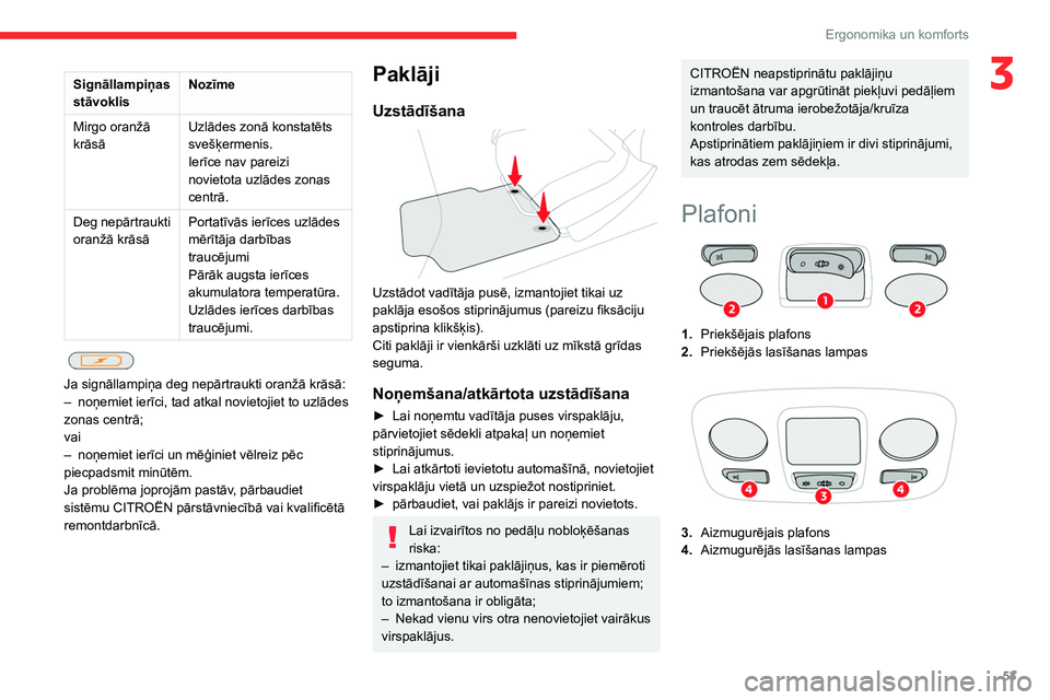 CITROEN C4 2021 Lietošanas Instrukcija (in Latvian) 53
Ergonomika un komforts
3Signāllampiņas
stāvoklisNozīme
Mirgo oranžā
krāsā Uzlādes zonā konstatēts
svešķermenis.
Ierīce nav pareizi
novietota uzlādes zonas
centrā.
Deg nepārtra CITROEN C4 2021 Lietošanas Instrukcija (in Latvian) 53
Ergonomika un komforts
3Signāllampiņas
stāvoklisNozīme
Mirgo oranžā
krāsā Uzlādes zonā konstatēts
svešķermenis.
Ierīce nav pareizi
novietota uzlādes zonas
centrā.
Deg nepārtra