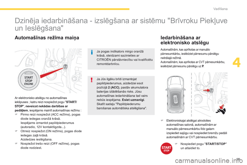 CITROEN C4 AIRCROSS 2016 Lietošanas Instrukcija (in Latvian) 99
C4-Aircross_lv_Chap04_conduite_ed01-2014
Automašīnas režīma maiņa
Ar elektronisko atslēgu no automašīnas
iekšpuses ; katru reizi nospiežot pogu " S TA R T/
STOP ", neveicot nek CITROEN C4 AIRCROSS 2016 Lietošanas Instrukcija (in Latvian) 99
C4-Aircross_lv_Chap04_conduite_ed01-2014
Automašīnas režīma maiņa
Ar elektronisko atslēgu no automašīnas
iekšpuses ; katru reizi nospiežot pogu " S TA R T/
STOP ", neveicot nek