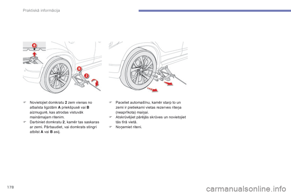 CITROEN C4 AIRCROSS 2016  Lietošanas Instrukcija (in Latvian) 178
C4-Aircross_lv_Chap07_info-pratiques_ed01-2014
F Novietojiet domkratu 2 zem vienas no atbalsta ligzdām A priekšpusē vai B  
aizmugurē, kas atrodas vistuvāk 
maināmajam ritenim.
F
 
D
 arbini