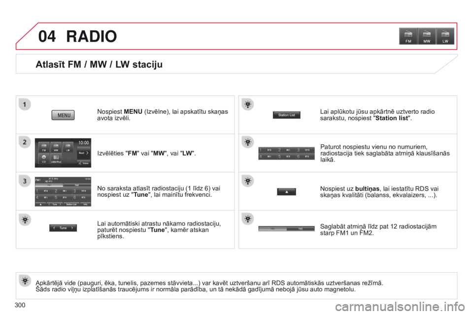 CITROEN C4 AIRCROSS 2016 Lietošanas Instrukcija (in Latvian) 04
300
Atlasīt FM / MW / LW staciju
Apkārtējā vide (pauguri, ēka, tunelis, pazemes stāvvieta...) var kavēt uztveršanu arī RDS automātiskās uztveršanas režīmā.
Šāds radio viļņu izp CITROEN C4 AIRCROSS 2016 Lietošanas Instrukcija (in Latvian) 04
300
Atlasīt FM / MW / LW staciju
Apkārtējā vide (pauguri, ēka, tunelis, pazemes stāvvieta...) var kavēt uztveršanu arī RDS automātiskās uztveršanas režīmā.
Šāds radio viļņu izp