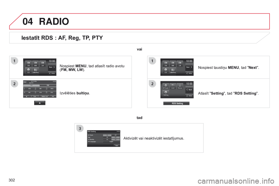 CITROEN C4 AIRCROSS 2016 Lietošanas Instrukcija (in Latvian) 04
302
Iestatīt RDS : AF, Reg, TP, PTY
Izvēlēties bultiņu .
Atlasīt "Setting", tad "RDS Setting". Nospiest taustiņu MENU, tad "Next".
RADIO
vai
tad
Aktivizēt vai neaktiv CITROEN C4 AIRCROSS 2016 Lietošanas Instrukcija (in Latvian) 04
302
Iestatīt RDS : AF, Reg, TP, PTY
Izvēlēties bultiņu .
Atlasīt "Setting", tad "RDS Setting". Nospiest taustiņu MENU, tad "Next".
RADIO
vai
tad
Aktivizēt vai neaktiv