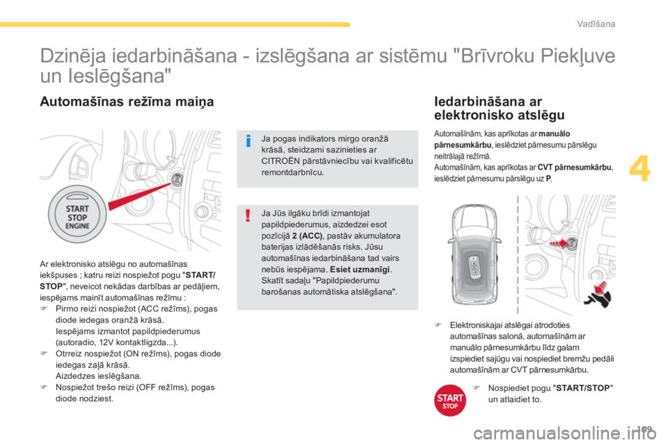 CITROEN C4 AIRCROSS 2014  Lietošanas Instrukcija (in Latvian) 109
4
Vadīšana
 
 
Automašīnas režīma maiņa 
 
Ar elektronisko atslēgu no automašīnas 
iekšpuses ; katru reizi nospiežot pogu " START/
STOP 
", neveicot nekādas darbības ar pedāļiem, 
