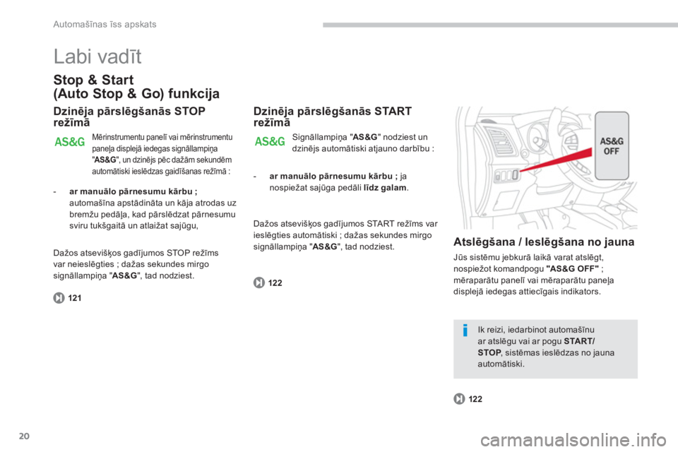 CITROEN C4 AIRCROSS 2014  Lietošanas Instrukcija (in Latvian) 20
Automašīnas īss apskats
 
Labi vadīt 
 
 
Stop & Start 
(Auto Stop & Go) funkcija 
   
Dzinēja pārslēgšanās STOP 
režīmā 
 Mērinstrumentu panelī vai mērinstrumentu 
paneļa displejā
