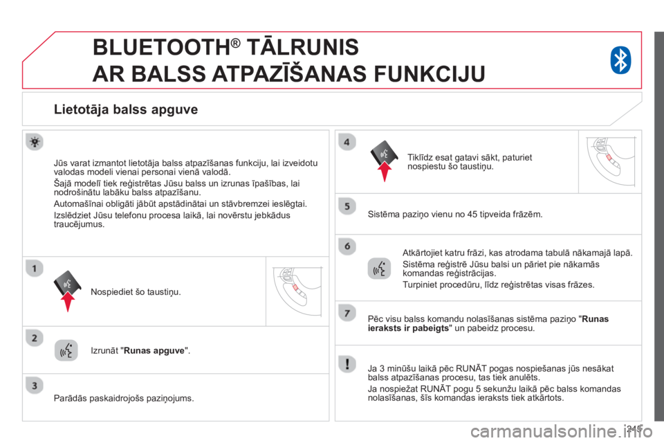 CITROEN C4 AIRCROSS 2014  Lietošanas Instrukcija (in Latvian) 245
   
 
 
 
BLUETOOTH ® 
 TĀLRUNIS 
AR BALSS ATPAZĪŠANAS FUNKCIJU 
 
 
 
 
 
 
 
 
 
Lietotāja balss apguve 
 
 
Jūs varat izmantot lietotāja balss atpazīšanas funkciju, lai izveidotu 
valo