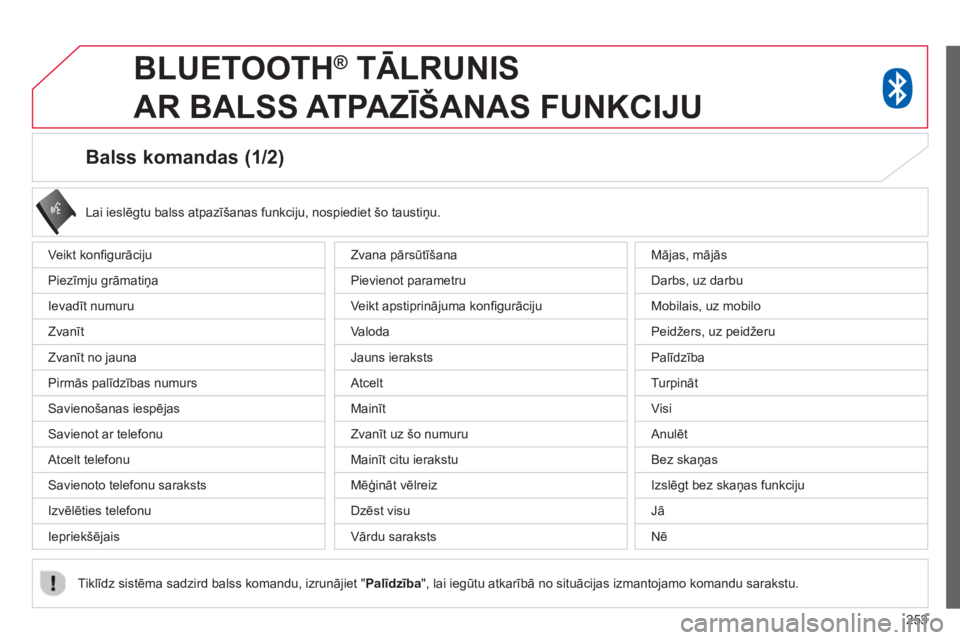 CITROEN C4 AIRCROSS 2014  Lietošanas Instrukcija (in Latvian) 253
   
 
 
 
 
 
 
 
 
Balss komandas (1/2) 
 
Veikt konﬁ gurāciju 
  Piezīmju grāmatiņa 
  Ievadīt numuru 
  Zvanīt 
  Zvanīt no jauna 
  Pirmās palīdzības numurs 
  Savienošanas iespē