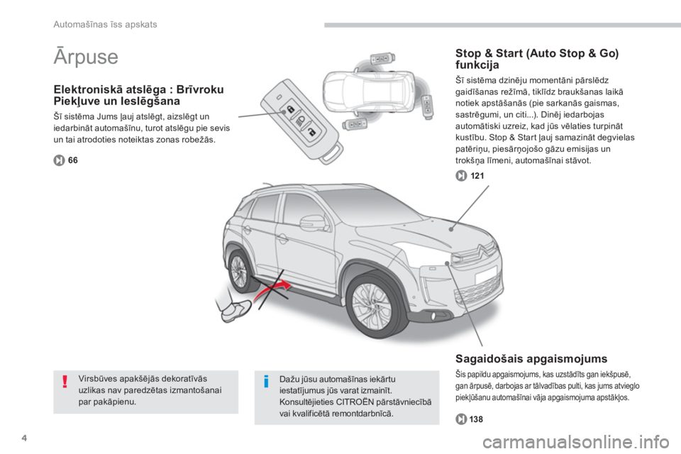 CITROEN C4 AIRCROSS 2014  Lietošanas Instrukcija (in Latvian) 4
Automašīnas īss apskats
 
 
Elektroniskā atslēga : Brīvroku 
Piekļuve un Ieslēgšana 
 
Šī sistēma Jums ļauj atslēgt, aizslēgt un 
iedarbināt automašīnu, turot atslēgu pie sevis 
u