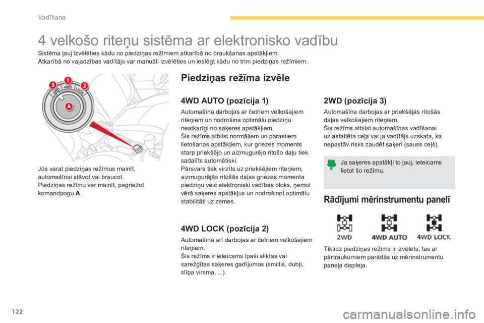 CITROEN C4 AIRCROSS 2013  Lietošanas Instrukcija (in Latvian) 122
Vadīšana
 
 
 
 
 
 
4 velkošo riteņu sistēma ar elektronisko vadību 
Sistēma ļauj izvēlēties kādu no piedziņas režīmiem atkarībā no braukšanas apstākļiem. 
 Atkarībā no vajad