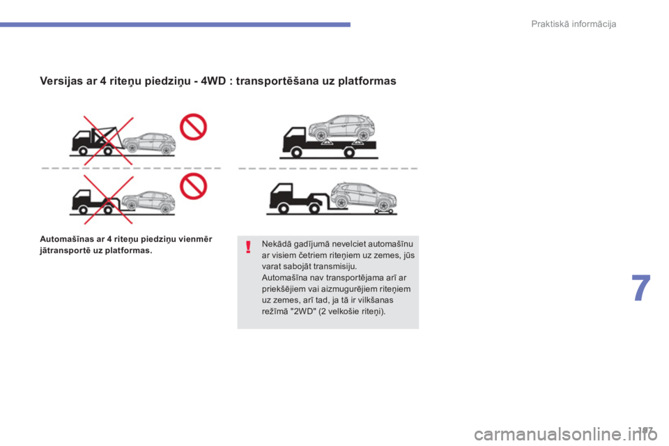 CITROEN C4 AIRCROSS 2013  Lietošanas Instrukcija (in Latvian) 197
7
Praktiskā informācija
Automašīnas ar 4 riteņu piedziņu vienmēr jātransportē uz platformas.Nekādā gadījumā nevelciet automašīnuar visiem četriem riteņiem uz zemes, jūs varat sab