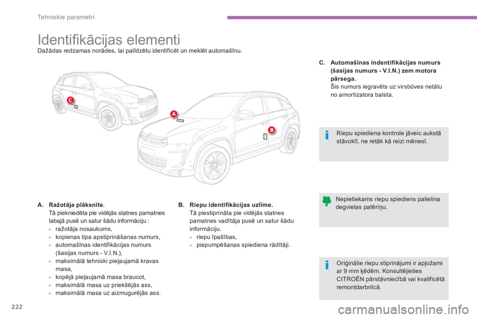 CITROEN C4 AIRCROSS 2013 Lietošanas Instrukcija (in Latvian) 222
Tehniskie parametri
Identifi kācijas elementi Dažādas redzamas norādes, lai palīdzētu identificēt un meklēt automašīnu.
A.Ražotāja plāksn CITROEN C4 AIRCROSS 2013 Lietošanas Instrukcija (in Latvian) 222
Tehniskie parametri
Identifi kācijas elementi Dažādas redzamas norādes, lai palīdzētu identificēt un meklēt automašīnu.
A.Ražotāja plāksn
