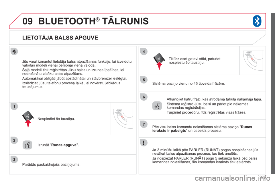 CITROEN C4 AIRCROSS 2013  Lietošanas Instrukcija (in Latvian) 273
09
2
3
1
4
5
6
7
BLUETOOTH®   TĀLRUNIS®
   
 
 
 
 
 
 
 
 
 
 
 
 
 
LIETOTĀJA BALSS APGUVE 
Jūs varat izmantot lietotāja balss atpazīšanas funkciju, lai izveidotu 
valodas modeli vienai 