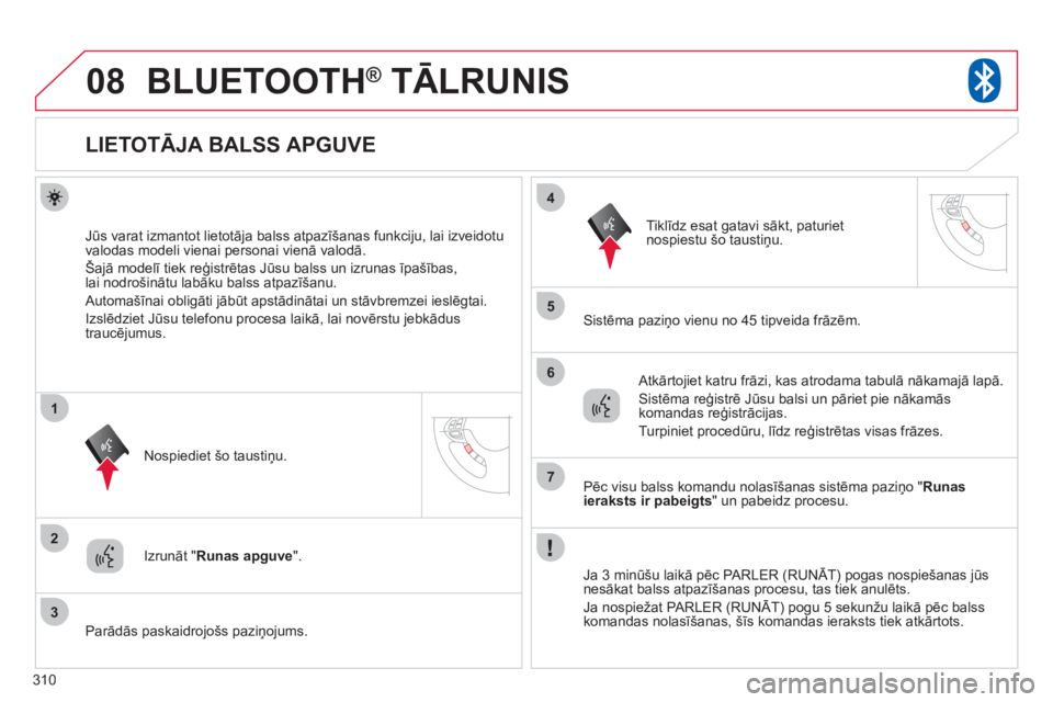 CITROEN C4 AIRCROSS 2013  Lietošanas Instrukcija (in Latvian) 310
08
2
3
1
4
5
6
7
BLUETOOTH®   TĀLRUNIS®
   
 
 
 
 
 
 
 
 
 
 
 
 
 
 
 
 
 
LIETOTĀJA BALSS APGUVE 
Jūs varat izmantot lietotāja balss atpazīšanas funkciju, lai izveidotu 
valodas modeli