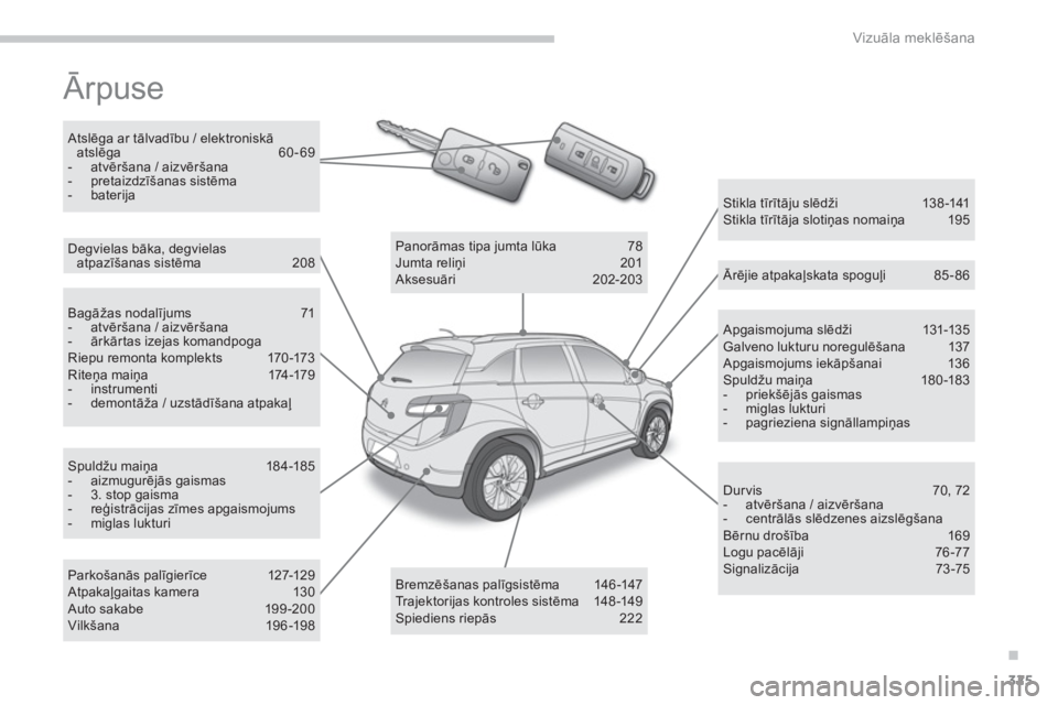 CITROEN C4 AIRCROSS 2013  Lietošanas Instrukcija (in Latvian) .
325
Vizuāla meklēšana
 
Ārpuse  
 
 Apgaismojuma slēdži 131-13 5 Galveno lukturu noregulēšana 137  Apgaismojums iekāpšanai 136 Spuldžu maiņa 18 0 -183 -  priekšēj—s gaismas -  migla