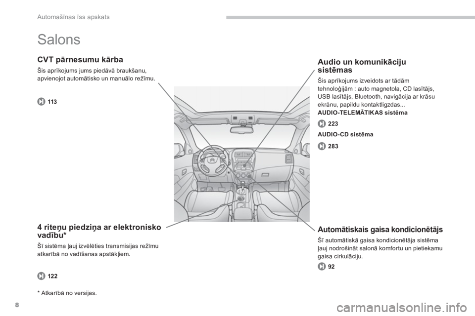 CITROEN C4 AIRCROSS 2013  Lietošanas Instrukcija (in Latvian) 8
Automašīnas īss apskats
 
Salons  
4 riteņu piedziņa ar elektronisko vadību * 
 
Šī sistēma ļauj izvēlēties transmisijas režīmuatkarībā no vadīšanas apstākļiem. 
CVT pārnesumu k