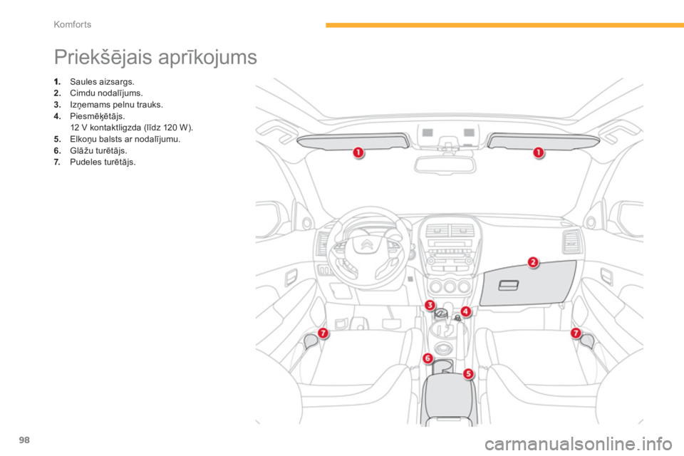 CITROEN C4 AIRCROSS 2013  Lietošanas Instrukcija (in Latvian) 98
Komfor ts
   
 
 
 
 
 
 
 
 
 
 
 
 
 
 
 
 
 
 
 
 
 
 
Priekšējais aprīkojums 
 
 Saules aizsargs. 2. 
 Cimdu nodalījums. 3. 
 Izņemams pelnu trauks. 
4. 
 Piesmēķētājs.  
12 V kontaktl