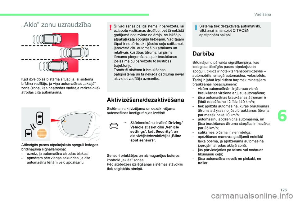 CITROEN C4 CACTUS 2019 Lietošanas Instrukcija (in Latvian) 123
„Aklo” zonu uzraudzība
Kad izveidojas bīstama situācija, šī sistēma
brīdina vadītāju, ja viņa automašīnas „aklajā”
zonā (zona, kas neatrodas vadītāja redzeslokā)
atroda CITROEN C4 CACTUS 2019 Lietošanas Instrukcija (in Latvian) 123
„Aklo” zonu uzraudzība
Kad izveidojas bīstama situācija, šī sistēma
brīdina vadītāju, ja viņa automašīnas „aklajā”
zonā (zona, kas neatrodas vadītāja redzeslokā)
atroda