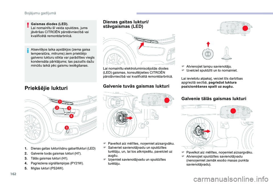 CITROEN C4 CACTUS 2019 Lietošanas Instrukcija (in Latvian) 162
Gaismas diodes (LED).
Lai nomainītu šī veida spuldzes, jums
jāvēršas CITROËN pārstāvniecībā vai
kvalificētā remontdarbnīcā.
Atsevišķos laika apstākļos (zema gaisa
temperatūr CITROEN C4 CACTUS 2019 Lietošanas Instrukcija (in Latvian) 162
Gaismas diodes (LED).
Lai nomainītu šī veida spuldzes, jums
jāvēršas CITROËN pārstāvniecībā vai
kvalificētā remontdarbnīcā.
Atsevišķos laika apstākļos (zema gaisa
temperatūr