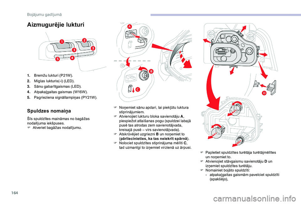 CITROEN C4 CACTUS 2019 Lietošanas Instrukcija (in Latvian) 164
Aizmugurējie lukturi
1.Bremžu lukturi (P21W).
2. Miglas lukturis(-i) (LED).
3. Sānu gabarītgaismas (LED).
4. Atpakaļgaitas gaismas (W16W).
5. Pagrieziena signāllampiņas (PY21W).
Spuldzes no CITROEN C4 CACTUS 2019 Lietošanas Instrukcija (in Latvian) 164
Aizmugurējie lukturi
1.Bremžu lukturi (P21W).
2. Miglas lukturis(-i) (LED).
3. Sānu gabarītgaismas (LED).
4. Atpakaļgaitas gaismas (W16W).
5. Pagrieziena signāllampiņas (PY21W).
Spuldzes no