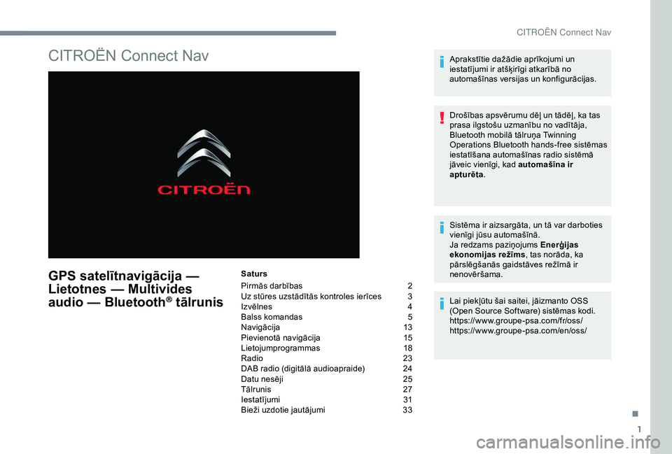 CITROEN C4 CACTUS 2019 Lietošanas Instrukcija (in Latvian) 1
CITROËN Connect Nav
GPS satelītnavigācija —
Lietotnes — Multivides
audio — Bluetooth
® tālrunis
Saturs
Pirmās darbības
2
U
z stūres uzstādītās kontroles ierīces
3
I
zvēlnes CITROEN C4 CACTUS 2019 Lietošanas Instrukcija (in Latvian) 1
CITROËN Connect Nav
GPS satelītnavigācija —
Lietotnes — Multivides
audio — Bluetooth
® tālrunis
Saturs
Pirmās darbības
2
U
z stūres uzstādītās kontroles ierīces
3
I
zvēlnes