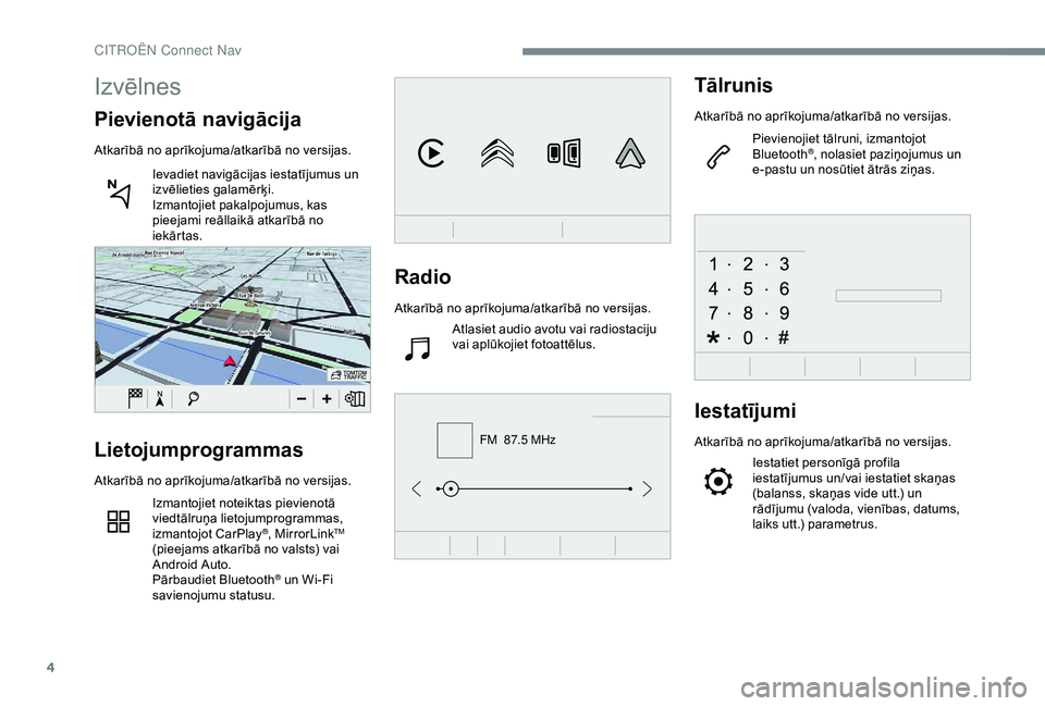 CITROEN C4 CACTUS 2019 Lietošanas Instrukcija (in Latvian) 4
FM 87.5 MHz
Radio
Atkarībā no aprīkojuma/atkarībā no versijas.Atlasiet audio avotu vai radiostaciju
vai aplūkojiet fotoattēlus.
Tālrunis
Atkarībā no aprīkojuma/atkarībā no versijas.
P CITROEN C4 CACTUS 2019 Lietošanas Instrukcija (in Latvian) 4
FM 87.5 MHz
Radio
Atkarībā no aprīkojuma/atkarībā no versijas.Atlasiet audio avotu vai radiostaciju
vai aplūkojiet fotoattēlus.
Tālrunis
Atkarībā no aprīkojuma/atkarībā no versijas.
P