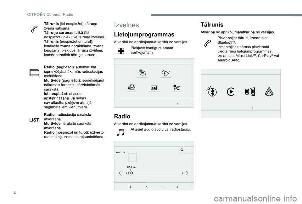 CITROEN C4 CACTUS 2019 Lietošanas Instrukcija (in Latvian) 4
Tālrunis (īsi nospiežot): tālruņa
zvana sākšana.
Tālruņa sarunas laikā (īsi
nospiežot): piekļuve tālruņa izvēlnei.
Tālrunis (nospiežot un turot):
ienākošā zvana noraidīšan CITROEN C4 CACTUS 2019 Lietošanas Instrukcija (in Latvian) 4
Tālrunis (īsi nospiežot): tālruņa
zvana sākšana.
Tālruņa sarunas laikā (īsi
nospiežot): piekļuve tālruņa izvēlnei.
Tālrunis (nospiežot un turot):
ienākošā zvana noraidīšan