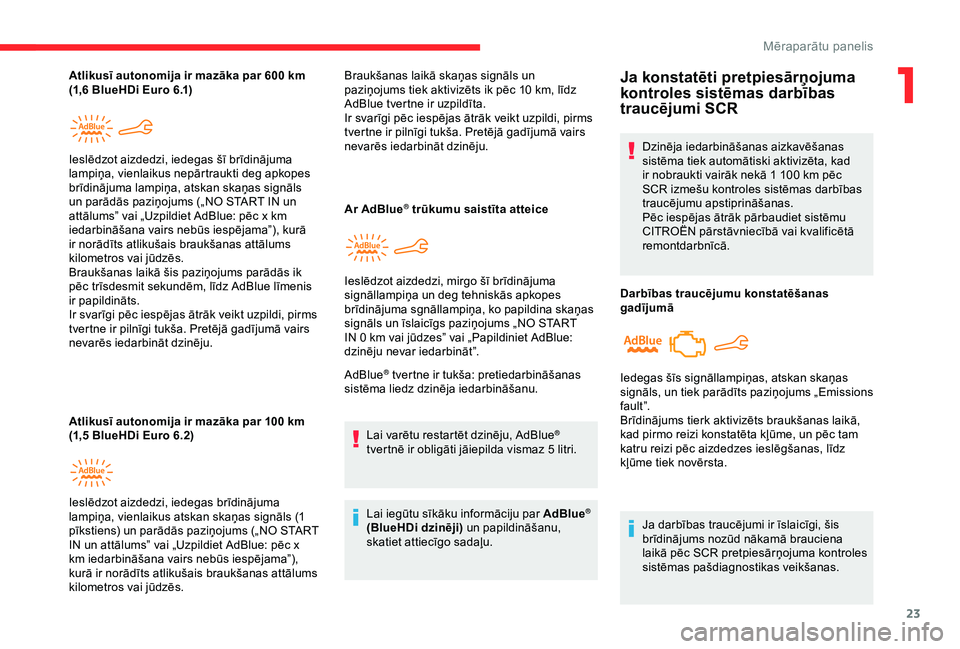 CITROEN C4 CACTUS 2019 Lietošanas Instrukcija (in Latvian) 23
Atlikusī autonomija ir mazāka par 600 km
( 1,6 BlueHDi Euro 6.1)
Atlikusī autonomija ir mazāka par 100
km
(1,5 BlueHDi Euro 6.2) Ieslēdzot aizdedzi, iedegas šī brīdinājuma
lampiņa, v CITROEN C4 CACTUS 2019 Lietošanas Instrukcija (in Latvian) 23
Atlikusī autonomija ir mazāka par 600 km
( 1,6 BlueHDi Euro 6.1)
Atlikusī autonomija ir mazāka par 100
km
(1,5 BlueHDi Euro 6.2) Ieslēdzot aizdedzi, iedegas šī brīdinājuma
lampiņa, v