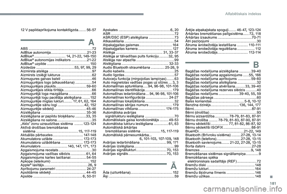 CITROEN C4 CACTUS 2019 Lietošanas Instrukcija (in Latvian) 181
12 V papildaprīkojuma kontaktligzda ........5 6-57
AABS ................................................................. 72
AdBlue autonomija ..................................... 21
-23
AdBlue
CITROEN C4 CACTUS 2019 Lietošanas Instrukcija (in Latvian) 181
12 V papildaprīkojuma kontaktligzda ........5 6-57
AABS ................................................................. 72
AdBlue autonomija ..................................... 21
-23
AdBlue