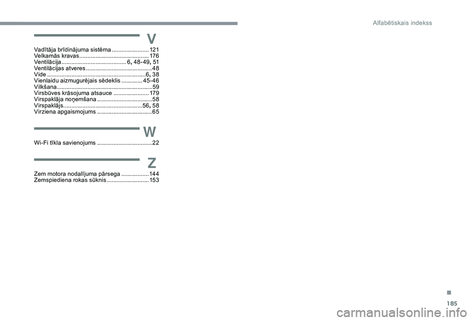 CITROEN C4 CACTUS 2019 Lietošanas Instrukcija (in Latvian) 185
VVadītāja brīdinājuma sistēma .......................12 1
Velkamās kravas ........................................... 17
6
Ventilācija
...............................
......... 6, 48-49 CITROEN C4 CACTUS 2019 Lietošanas Instrukcija (in Latvian) 185
VVadītāja brīdinājuma sistēma .......................12 1
Velkamās kravas ........................................... 17
6
Ventilācija
...............................
......... 6, 48-49